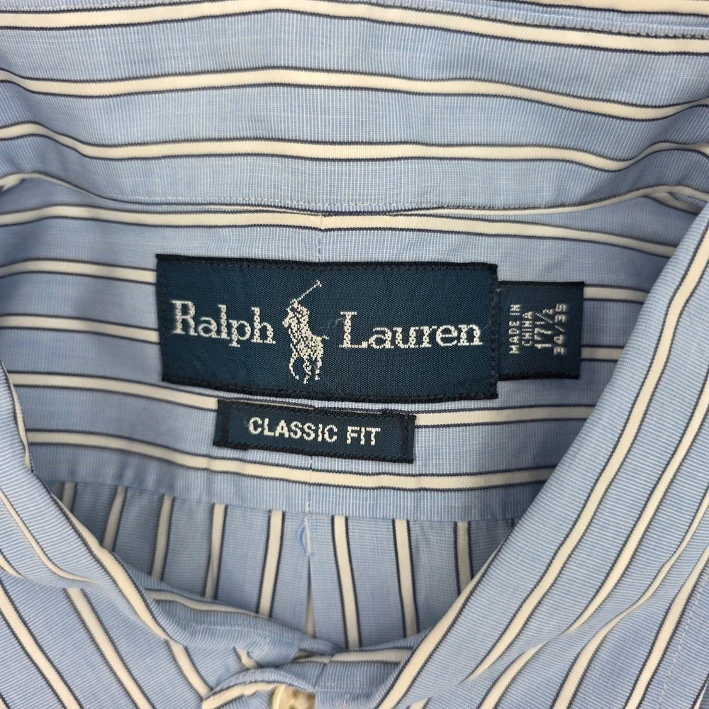 Ralph Lauren Classic Fit Striped Button Down Shirt Blue White Mens 17.5 34/35
